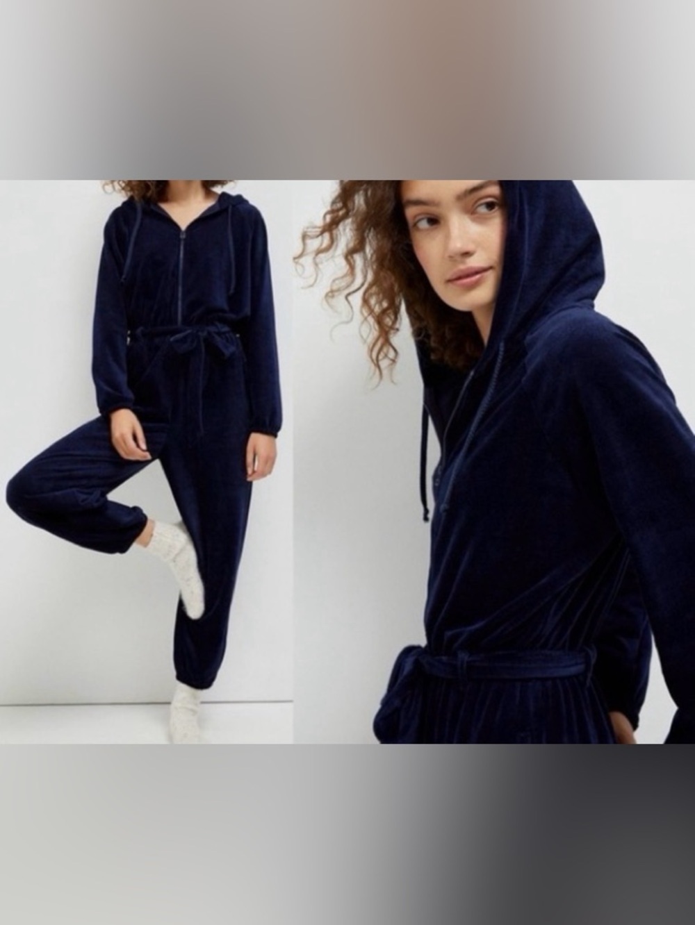 Anthropologie Saturday Sunday Cozy Velvet hooded Jumpsuit blue rib size Small